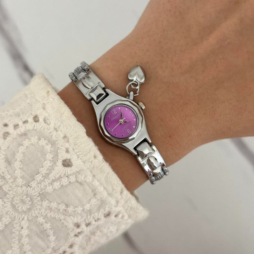 SKU:0028 vintage vibe silver purple mini watch with heart + in a gift‎ box